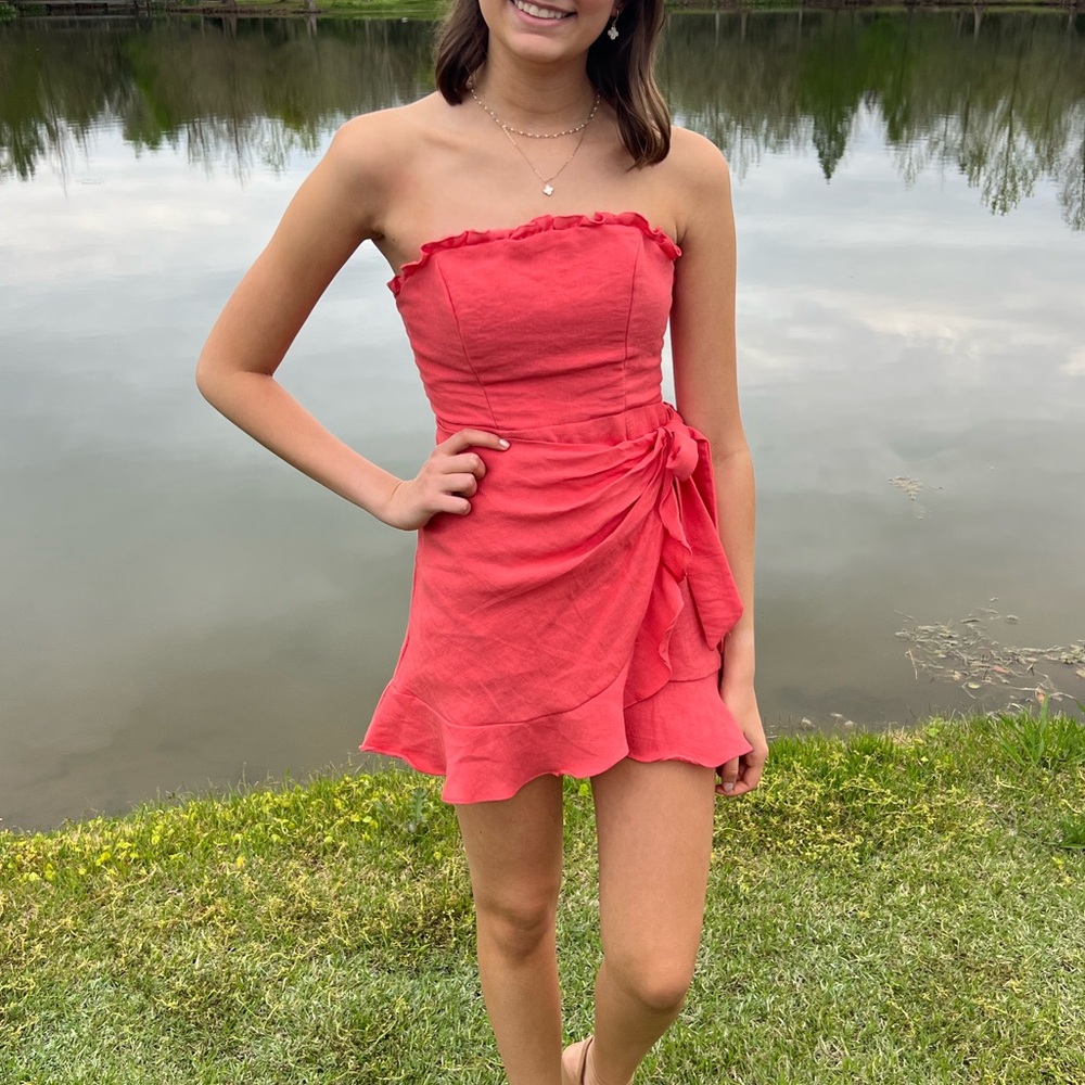 Strapless Coral Mini Dress with Side Tie